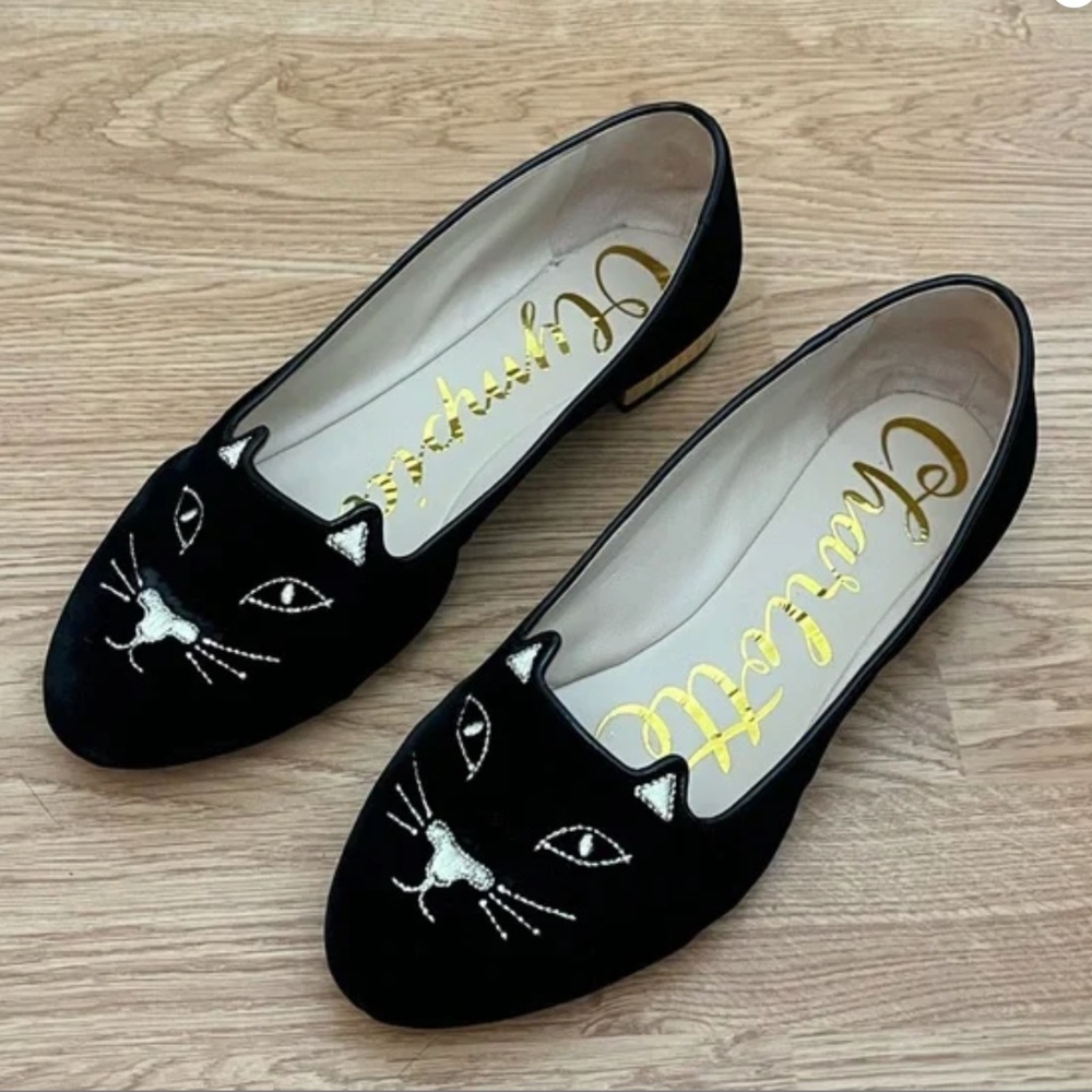 Charlotte Olympia Black Velvet Size 38 Kitty Flats (only worn once)